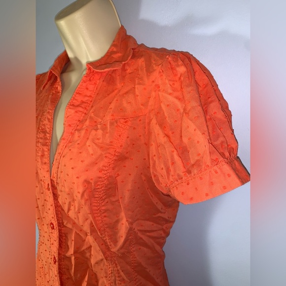 Odille Swiss dot Orange Button-Down Shirt short puff sleeve Peter Pan collar 8 - Picture 2 of 5